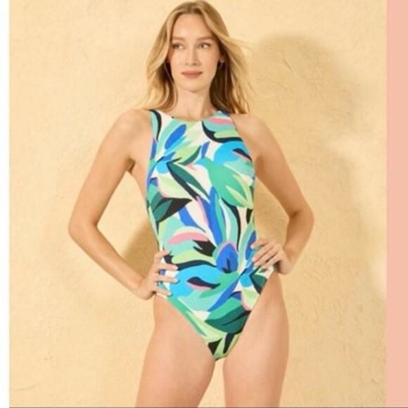 Tropical Pique High Neck Full Coverage One Piece Swimsuit - Shade & Shore 0314 - Picture 1 of 9